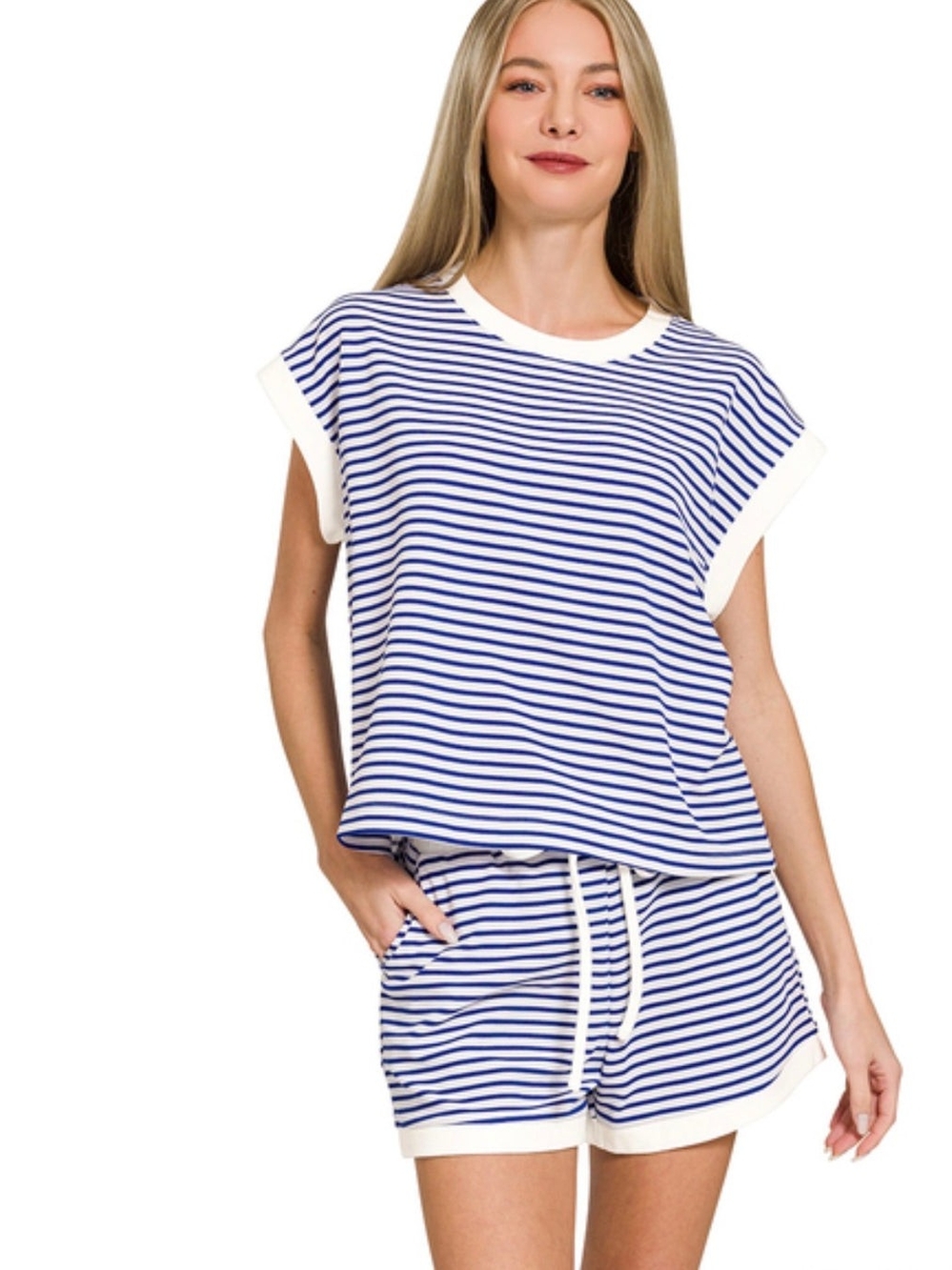 Striped Blue & White Lounge Short Set - Women